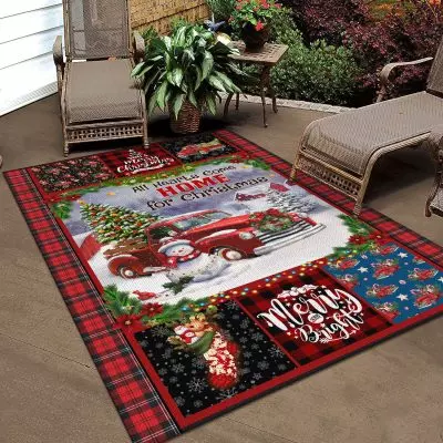 Alternative view of All Hearts Come Home For Christmas Red Truck Decorative Indoor Rectangle Rug - Christmas Red Plaid Rug
