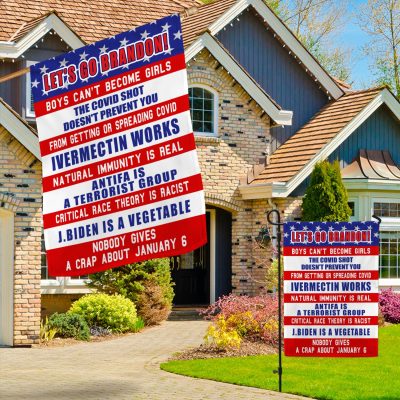 Alternative view of Let's Go Brandon Boys Can't Become Girls J Biden Is A Vegetable Conservative Garden Flag - Anti Biden House Flag