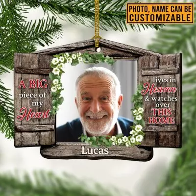 Personalized Photo A Big Piece Of My Heart Lives In Heaven Custom Shaped Wooden Christmas Ornament