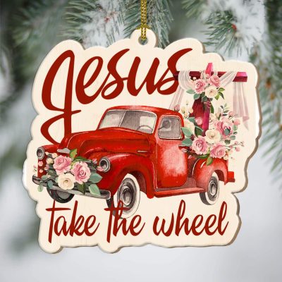 Alternative view of Vintage Red Car Truck Jesus Take The Wheel Custom Shaped Christmas Ornament - Christmas Gift for Christian