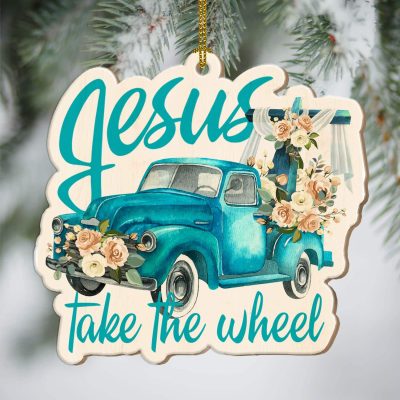Alternative view of Vintage Blue Car Truck Jesus Take The Wheel Custom Shaped Christmas Ornament - Christmas Gift for Christian
