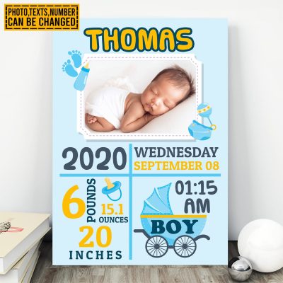 Custom Photo Baby Birth Stats Gallery Wrapped Framed Canvas Print - Home Decor Wall Art - Poster