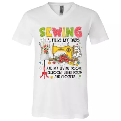 2VT. Sewing Fills My Days, White, V-Neck T-Shirt