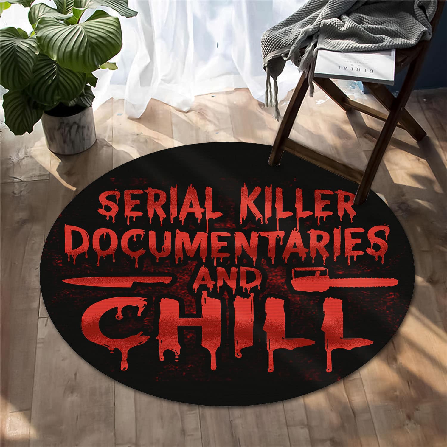 7VT. Serial Killer Documentaries rug Round Rug Mockup 1