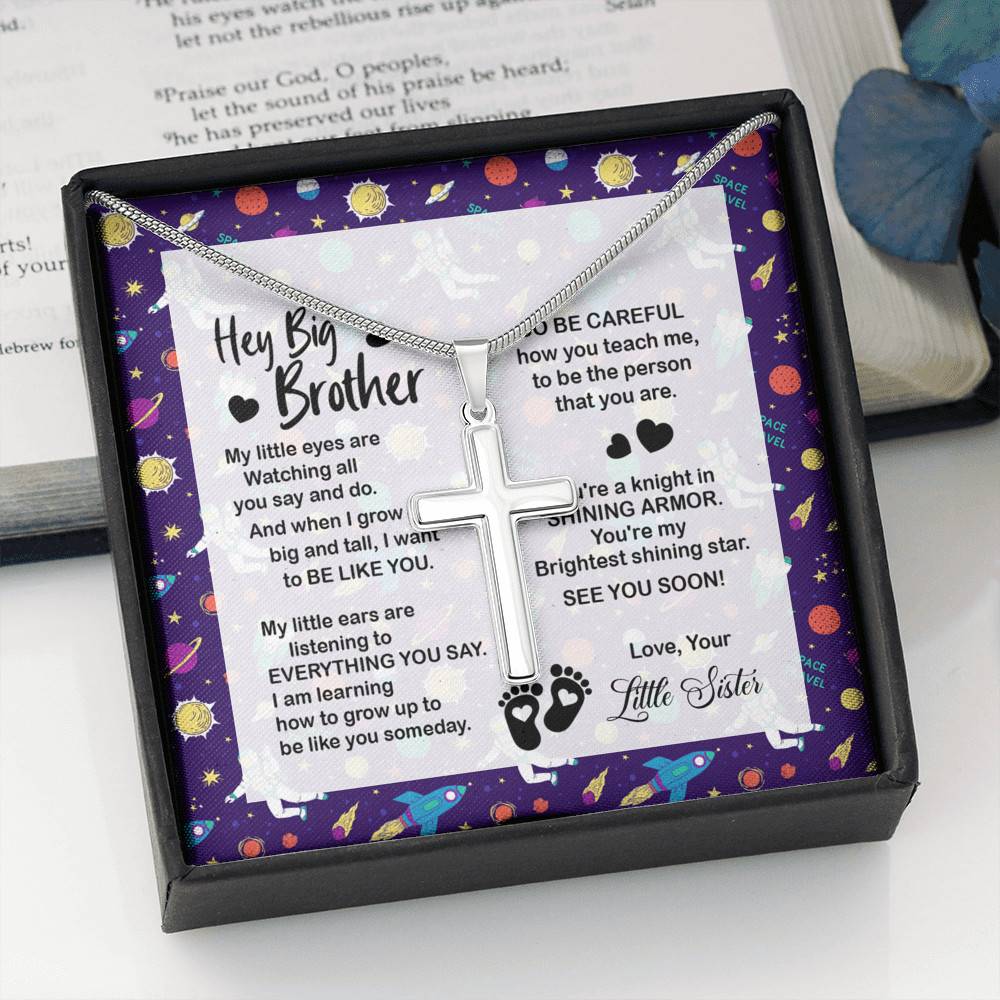 Hey Big Brother My Little Eyes Are Watching All You Say And Do Artisan Crafted Cross Necklace - Big Brother To Be Gifts
