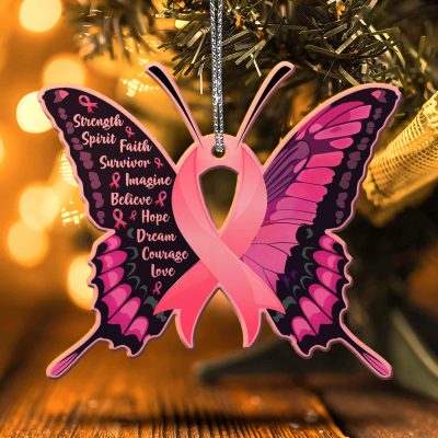 Pink Ribbon Butterfly Breast Cancer Awareness Christmas Ornament - Pink Butterfly Christmas Ornament