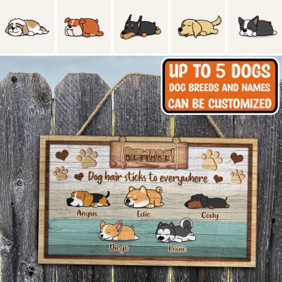 Alternative view of Personalized Dog Lazy Lying Beware Dog Hair Sticks To Everywhere Rectangle Wooden Door Sign