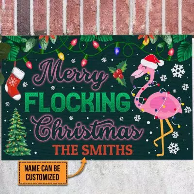 Personalized Family Name Merry Flocking Christmas Pink Flamingo Doormat - Funny Merry Christmas Doormat