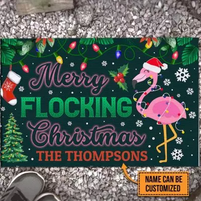 Alternative view of Personalized Family Name Merry Flocking Christmas Pink Flamingo Doormat - Funny Merry Christmas Doormat