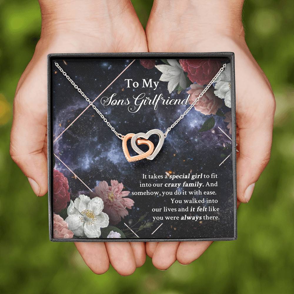 To My Sons Girlfriend It Takes A Special Girl To Fit Into Our Crazy Family Interlocking Hearts Pendant Necklace