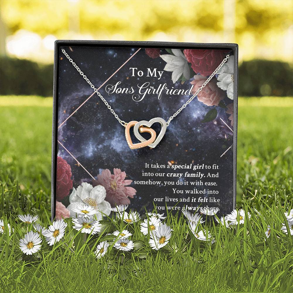 To My Sons Girlfriend It Takes A Special Girl To Fit Into Our Crazy Family Interlocking Hearts Pendant Necklace