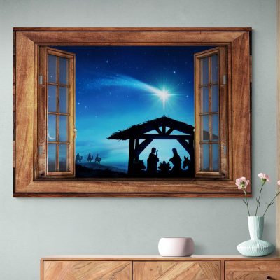 Jesus Christmas Nativity Scene Window Framed Canvas Prints - The Birth Of Jesus Christ Wall Art Decor - Poster