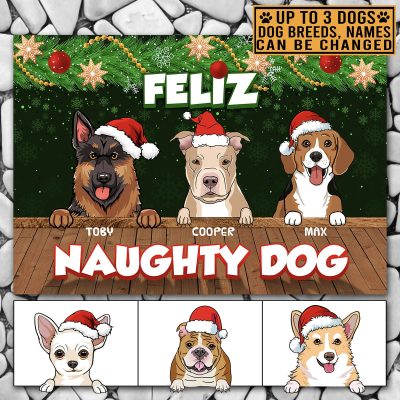 Personalized Dog Breeds Feliz Naughty Dog Doormat - Custom Christmas Doormat For Dog Lovers