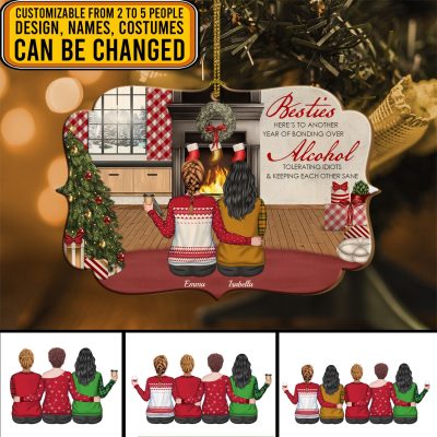 Alternative view of Personalized Besties Here's To Another Year Of Bonding Over Alcohol Custom Shaped Wooden Christmas Ornament Keepsake