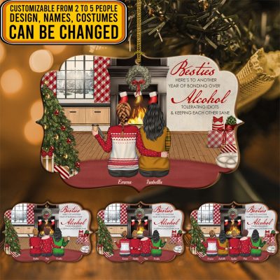 Personalized Besties Here's To Another Year Of Bonding Over Alcohol Custom Shaped Wooden Christmas Ornament Keepsake