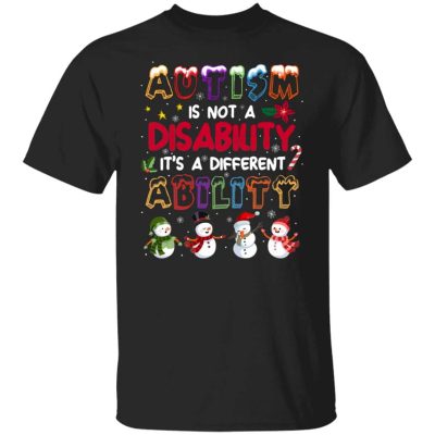 8VT. Snowman Autism Is Not A Disability, Black, Unisex T-Shirt