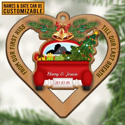 Alternative view of From Our First Kiss Till Our Last Breath Personalized Couple Red Truck Custom Shaped Christmas Ornament