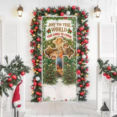Alternative view of Joy To The World The Lord Is Come Front Door Cover - Christian Jesus Born Nativity Scene Christmas Door Cover