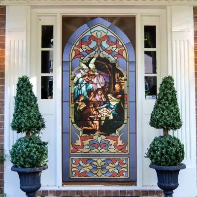 The Nativity Scene Of Jesus Stained Glass Door Cover - The Birth Of Jesus Christ Scene Holy Family Christmas Door Cover