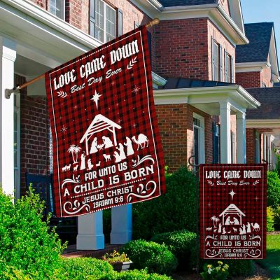 Alternative view of Christian Christmas Nativity Scene Birth Of Jesus Christ Love Came Down Bufallo Plaid Garden Flag - Holy Family House Flag