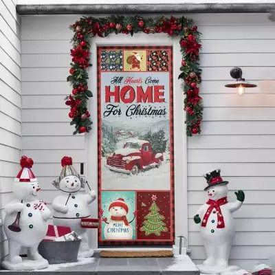 All Hearts Come Home for Christmas Door Cover - Holiday Red Truck Decoration for Door