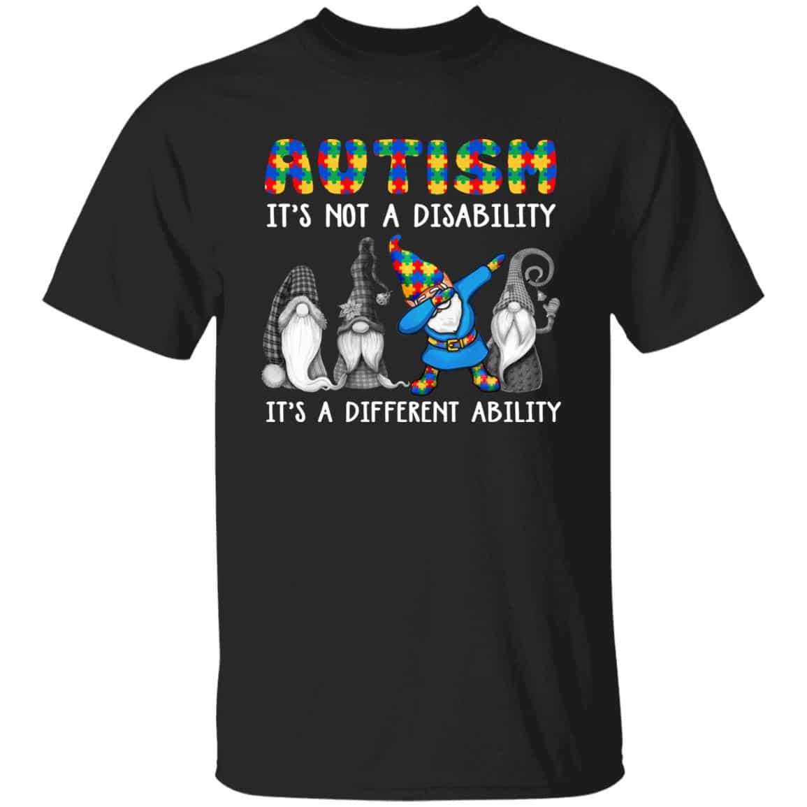 2VT. Gnome Autism Different Ability, Black, Unisex T-Shirt 2VT. Gnome Autism Different Ability, Black, Unisex T-Shirt