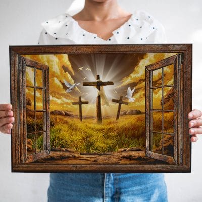 Christian Crosses Jesus Window Frame Canvas Prints - Jesus Cross Home Decor Wall Art - Religious Poster