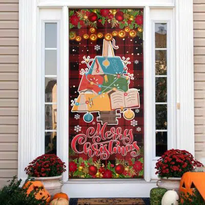 Merry Christmas Decorative Front Door Cover - Christmas Tree Books Door Cover Decorations
