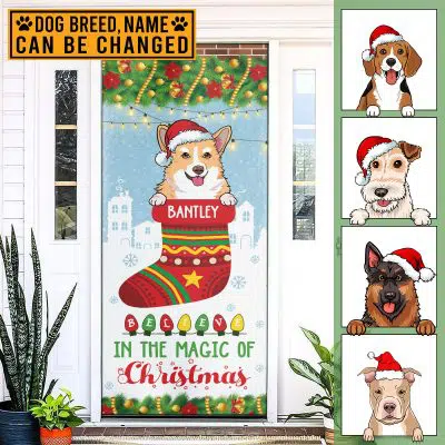 Personalized Dog Breeds Believe In The Magic Of Christmas Front Door Cover - Dog Lovers Christmas Door Covers