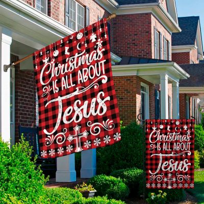 Alternative view of Christmas Is All About Jesus Cross Buffalo Plaid Garden Flag - Christian Christmas House Flag