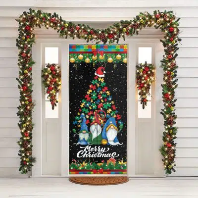 Alternative view of Merry Christmas Autism Family Puzzle Pieces Christmas Door Cover - Autism Gnome Christmas Front Door Wrap Decor
