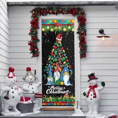 Merry Christmas Autism Family Puzzle Pieces Christmas Door Cover - Autism Gnome Christmas Front Door Wrap Decor