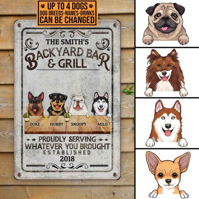 Alternative view of Personalized Dog Breeds Backyard Bar And Grill Proudly Serving What Ever You Brought Metal Sign - Indoor Outdoor Decor