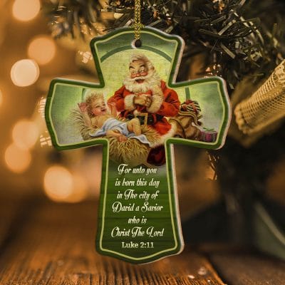 Alternative view of Santa Kneeling At Baby Jesus In Manger Wooden Custom Shaped Ornament - Santa With Baby Jesus Ornament