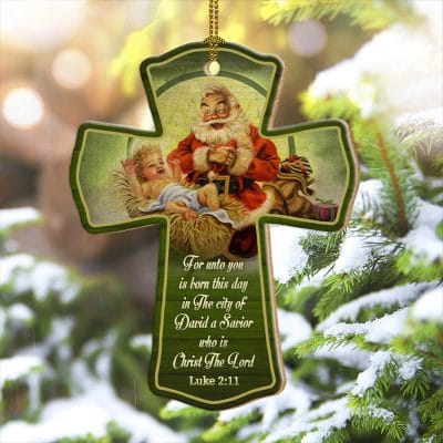 Santa Kneeling At Baby Jesus In Manger Wooden Custom Shaped Ornament - Santa With Baby Jesus Ornament