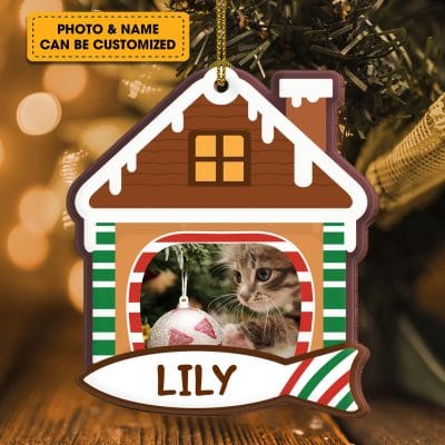 Alternative view of Personalized Cat In Christmas House Photo Pet Cat Decorative Custom Shaped Wooden Christmas Ornament Keepsake