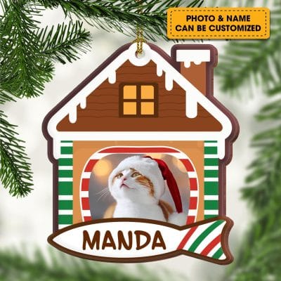 Personalized Cat In Christmas House Photo Pet Cat Decorative Custom Shaped Wooden Christmas Ornament Keepsake