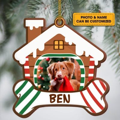 Alternative view of Personalized Dog In Christmas House Photo Pet Dog Decorative Custom Shaped Wooden Christmas Ornament Keepsake