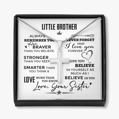 Little Brother Always Remember You Are Braver Than You Believe Stronger Than You Seem Artisan Crafted Cross Necklace - Artisan Crafted Cross Necklace
