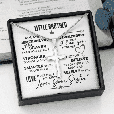 Little Brother Always Remember You Are Braver Than You Believe Stronger Than You Seem Artisan Crafted Cross Necklace