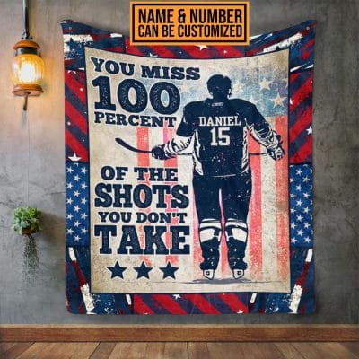 Alternative view of Personalized Hockey You Miss 100 Percent Of The Shots You Don't Take American Flag Fleece Blanket - Sherpa Blanket