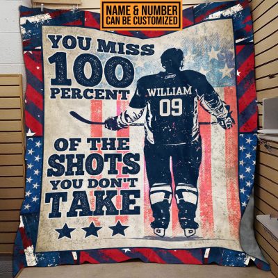 Personalized Hockey You Miss 100 Percent Of The Shots You Don't Take American Flag Fleece Blanket - Sherpa Blanket