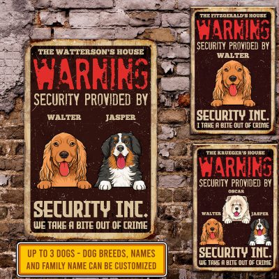 Personalized Dog Breeds Warning Security Provided By Security INC Decorative Metal Sign - Indoor Outdoor Decor