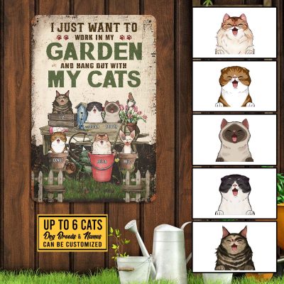Personalized I Just Want To Work In My Garden Cat Gardener Plant Lover Metal Sign - Indoor Outdoor Decoration