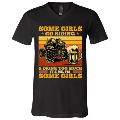 7Th. Girls Riding And Drink Too Much (4), Black, V-Neck T-Shirt