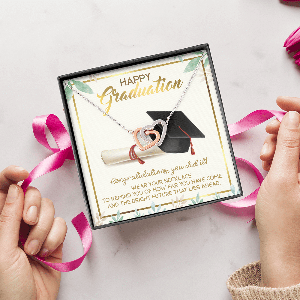 Happy Graduation Congratulations You Did It Interlocking Hearts Pendant Necklace - Graduation Jewelry Gifts