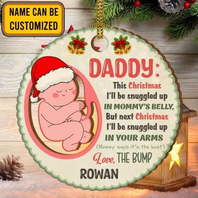 Alternative view of Personalized Daddy This Christmas I'll Snuggled Up In Mommy's Belly New Daddy Custom Shaped Christmas Ornament
