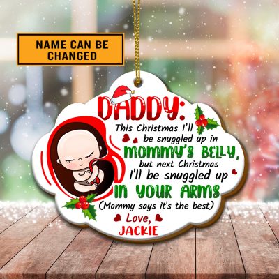 Alternative view of Personalized Daddy This Christmas I'll Snuggled Up In Mommy's Belly Daddy To Be Custom Shaped Christmas Ornament