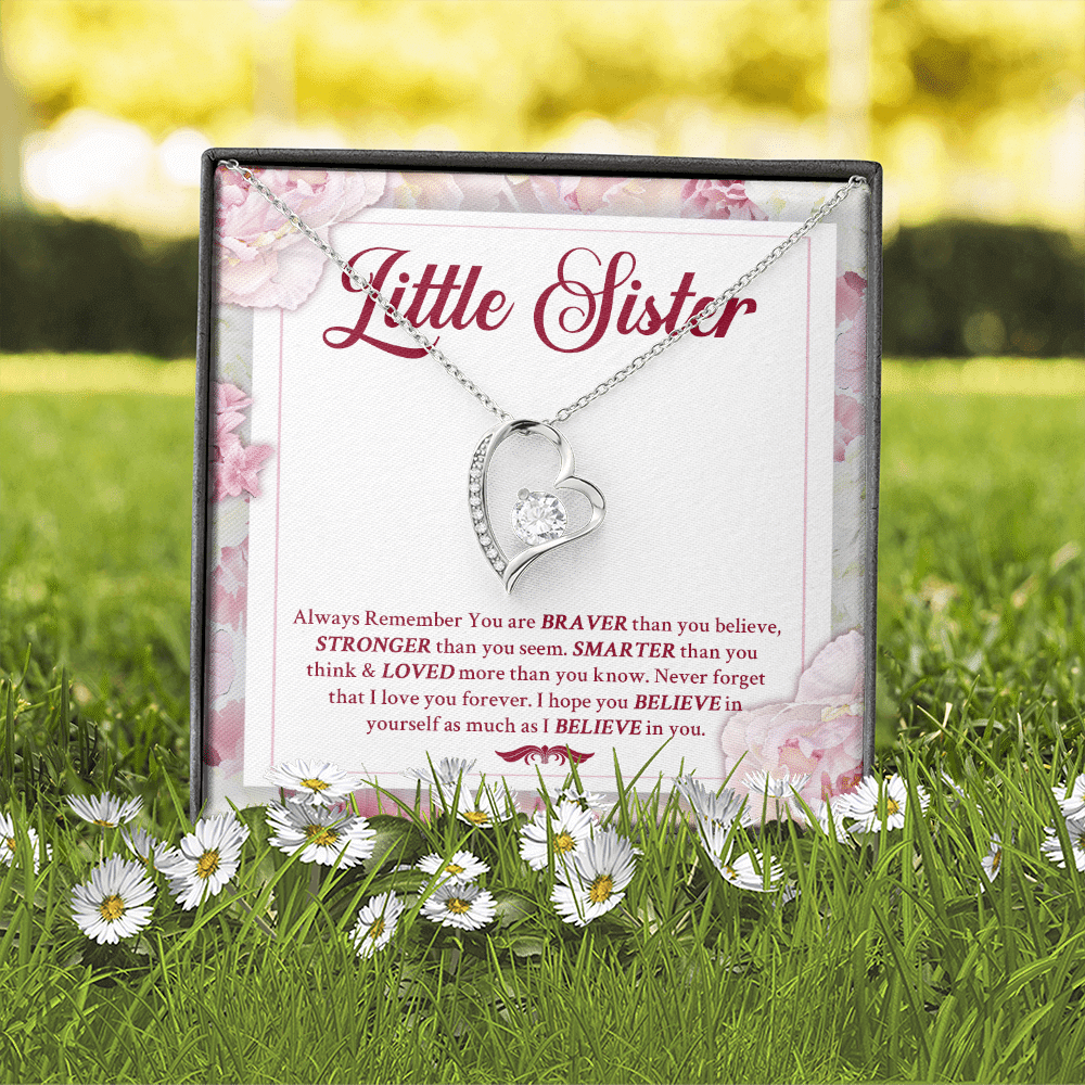 Little Sister Always Remember You Are Braver Than You Believe Stronger Than You Seem Forever Love Heart Pendant Necklace