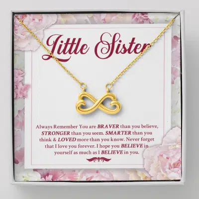 Little Sister Always Remember You Are Braver Than You Believe Stronger Than You Seem Infinity Heart Pendant Necklace - Infinity Heart Necklace (18K Yellow Gold)